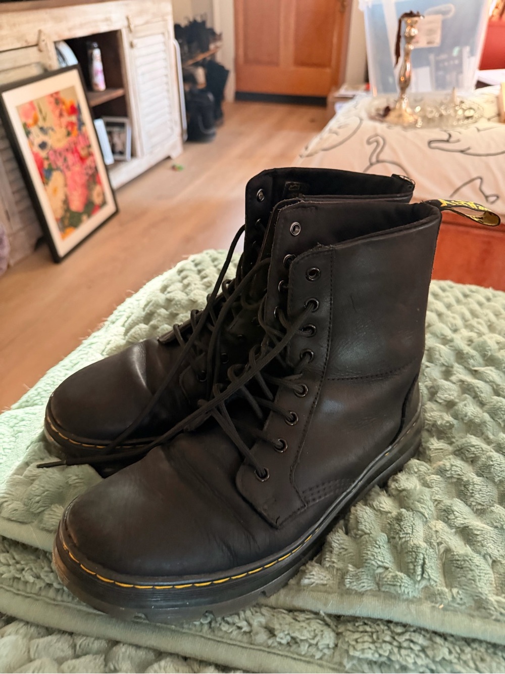 Dr. Martens Black Leather Lace-Up 8-Eye Combat Boots with Yellow Welt Stitch